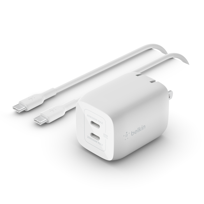 Dual USB-C GaN Wall Charger with PPS 65W + USB-C to USB-C Cable, , hi-res